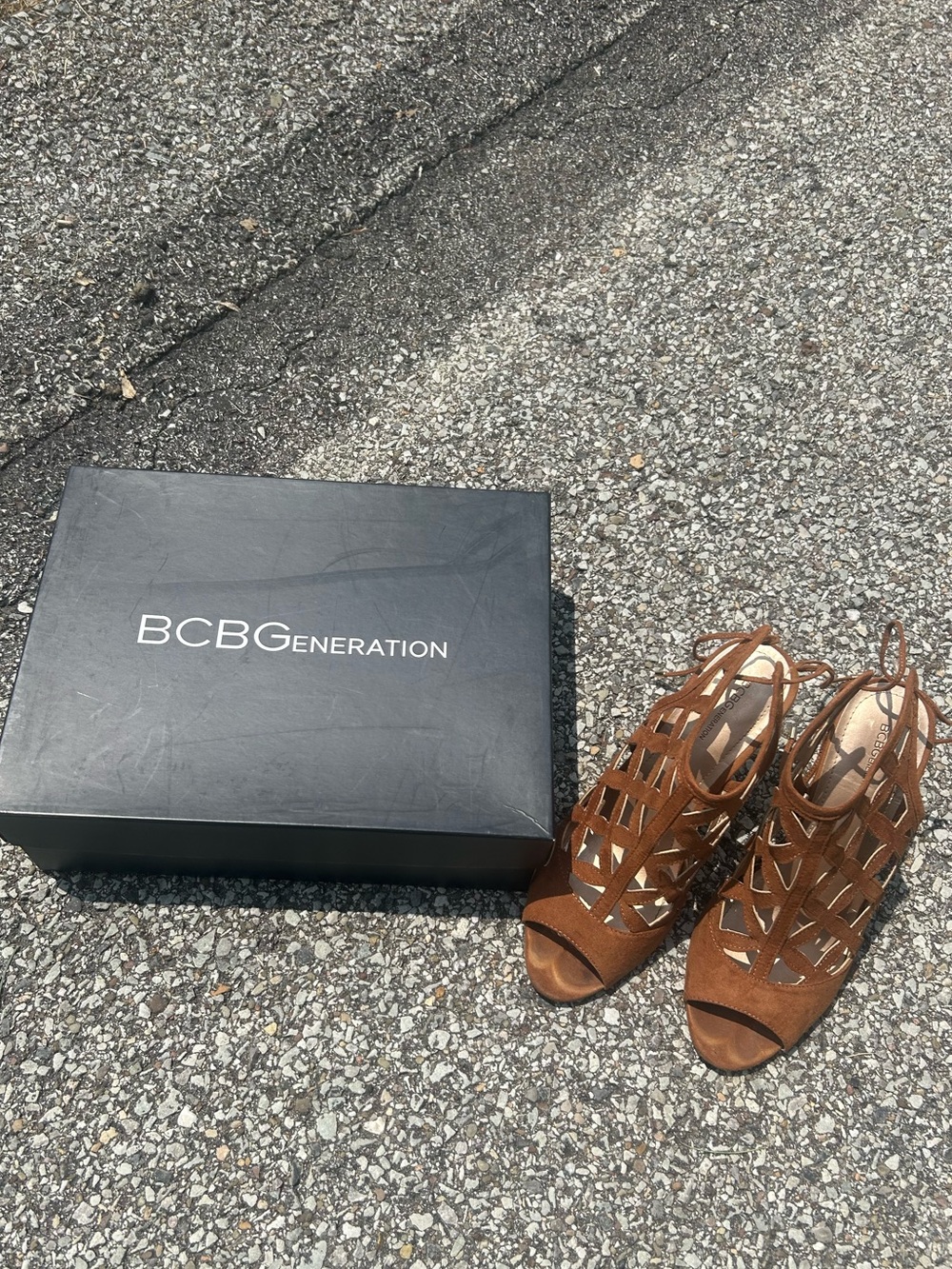 BCBGeneration Cognac Suede Strappy Peep-Toe Heels